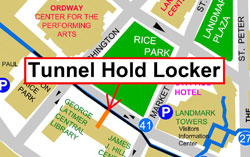 map showing tunnel hold locker location in the RiverCentre Connection tunnel in from of the Central Library