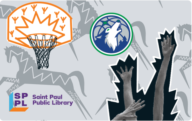 special edition library card showing Timberwolves logo and basket and horse artwork